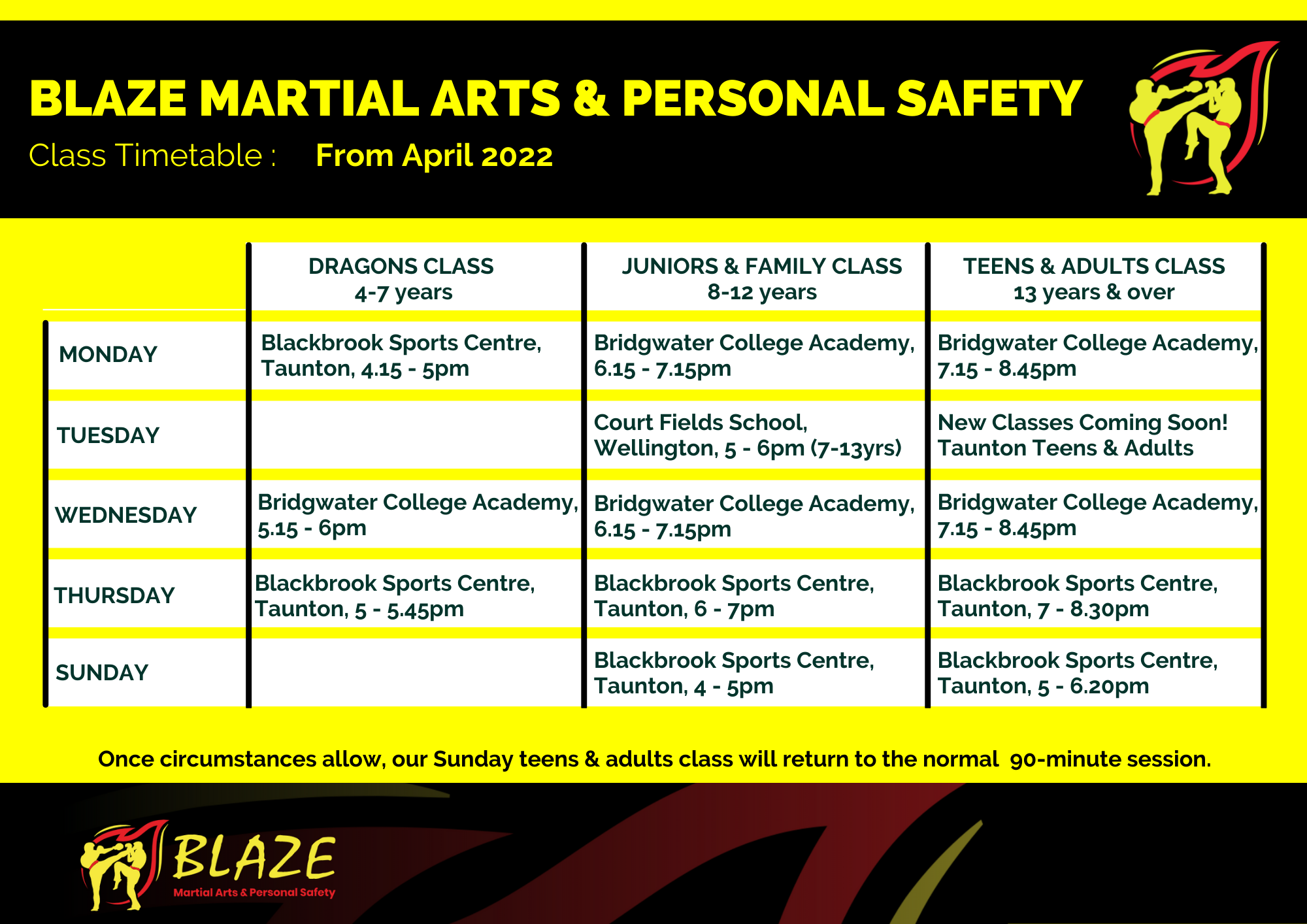 Class Timetable Blaze Martial Arts & Personal Safety